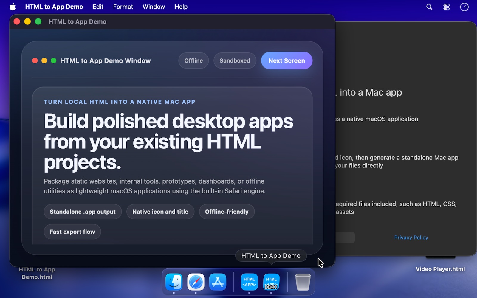 Generated HTML to App demo running as a standalone macOS app window
