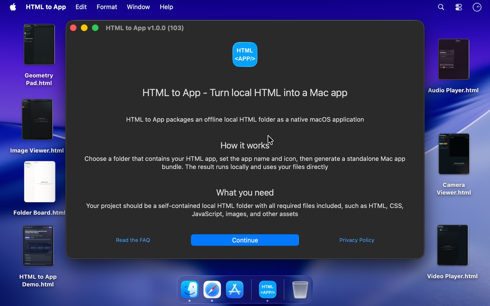 HTML to App onboarding screen with product overview, how it works, and project requirements